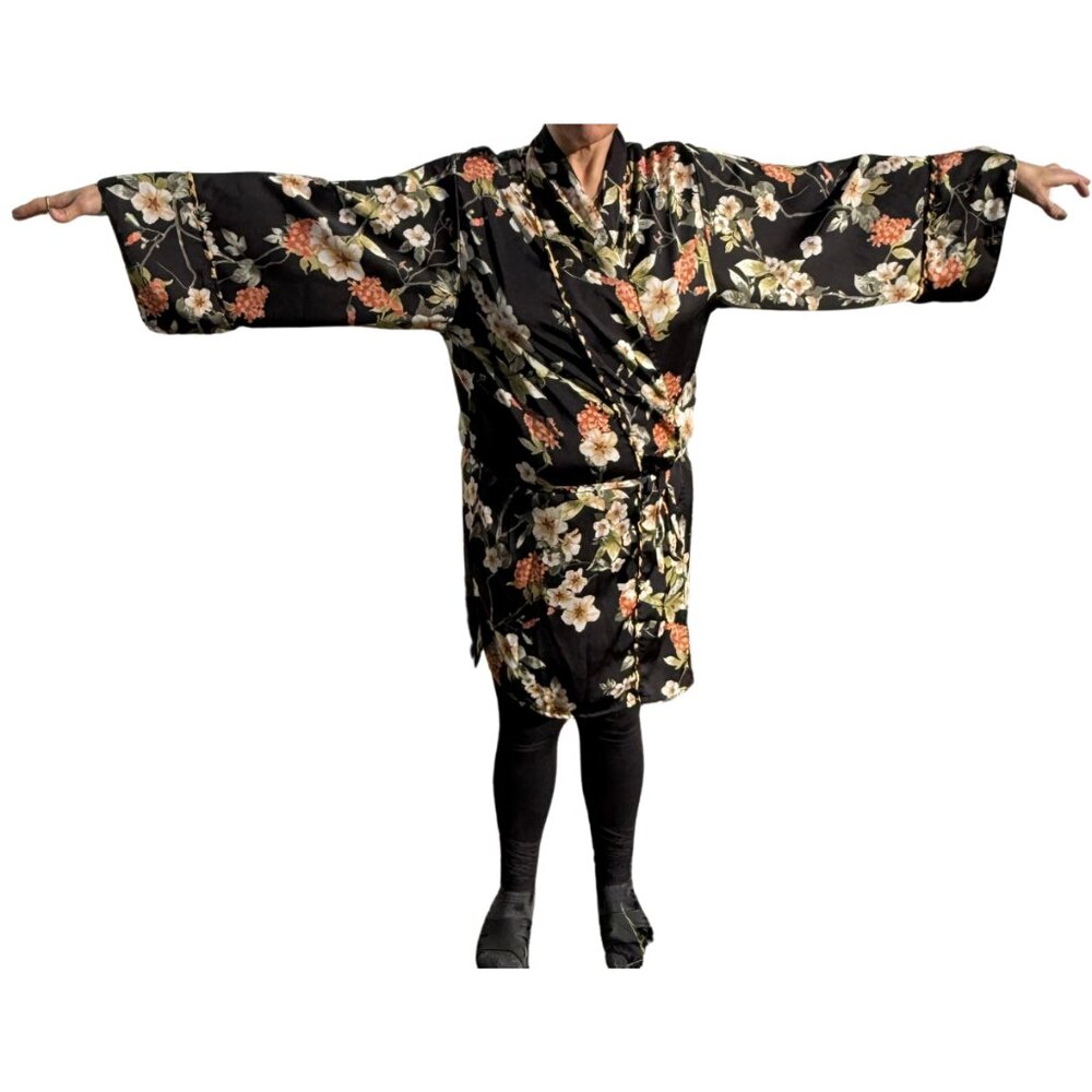 Jennafer Grace Floral Wrap Kimono Jacket Leopard Trim Tie Waist XL